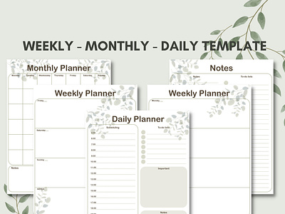 Monthly - Weekly - Daily Template for Goodnotes adobe illustrator aesthetic bullet journal cute daily template daily planner daily template digital planner digital template graphic design green theme green weekly template illustration monthly planner note page to do lists watercolor leaf weekly planner