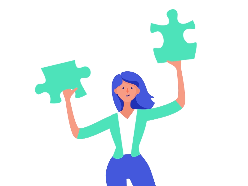 Piece of the puzzle. Does is fit? bodymovin character girl illustration lottie motion puzzle svg vector