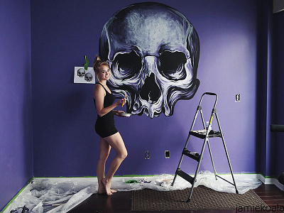 Stylized Skull Mural Progress Shot acrylic art artist artwork jamie koala mural painting skeleton skull skulls
