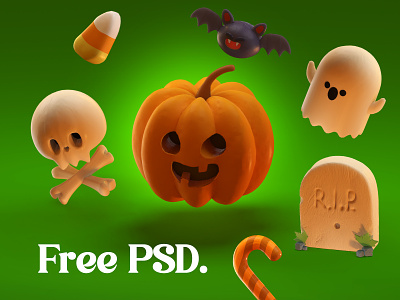Halloween Free 3D PSD Assets 3d bat bones candy candycorn cute free ghost grave halloween obtober psd pumpkin skull