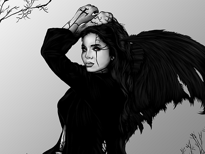 MILLIARI angel wings black and white cartoon cute dark dark fantasy demon wings design face fantasy ghost girl graphic design illustration red eyes wings