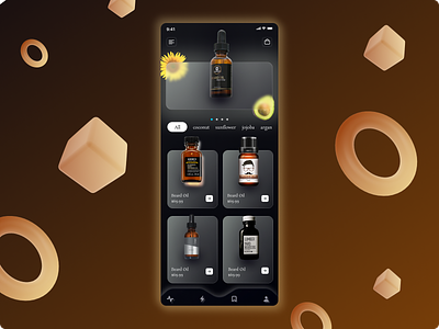 Beard Oil eCommerce App Design - Glassmorphism Dark App Design