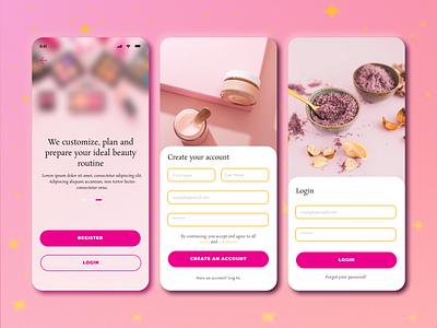 Beauty App Design - Registration, Sign Up, Login page - Pink app branding design figma glassmorphism illustration login page mobile onboarding registration page ui ux