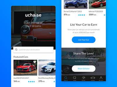 Uchaise Homepage app blue book car interaction login on boarding service signup uchaise vehicle walkthrough