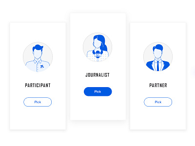 Choose your role in a business forum blue card icons journalists participant partner people roles