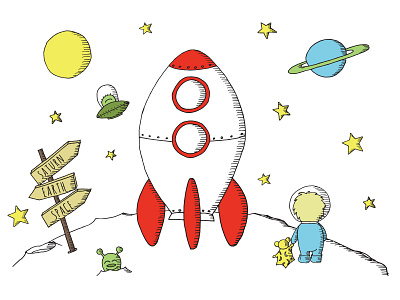 Space Adventure astronaut childrens book hand drawn illustration poster space spaceship