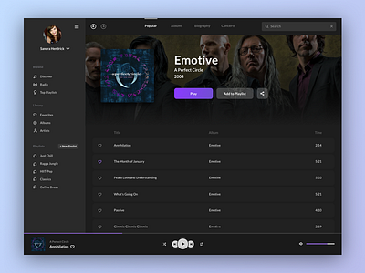 Music Player - Dark Theme Version app dark theme dashboard entertainment media music playlist purple streaming ui