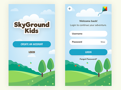 Login for Kids Activity App adventure app children clean colorful fun kids login mobile outdoor play signup sky ui ux