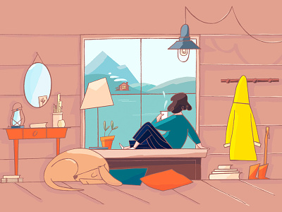 Room with a view atmosphere character design cupoftea illustration mountains personalproject slowlife styleframe thelake wip