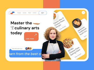 Culinary website header arts chef cooking course culinary dish eat food header hero interface learning online recipe service tasty ui ux vivid colors web