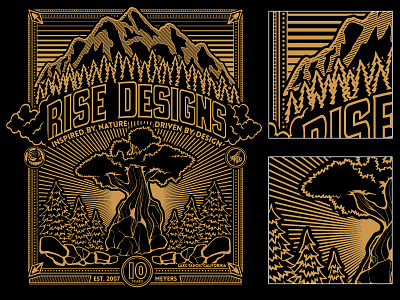 RISE Designs - 10 year t-shirt screen print design black gold graphic illustration linework nature screen print trees