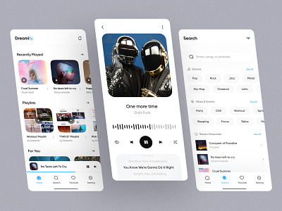 Dreamify - Music Streaming App (Light)💎 app design application daft punk light minimal minimalism mobile mp3 music music app music player music streaming player podcast pop rock search music stream ui ui design