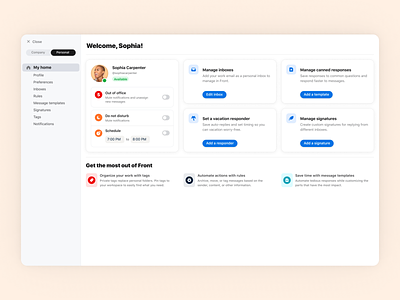 Personal home in Settings 🏠⚙️ availability email front frontapp home homepage onboarding personal product design settings settings ui shared inbox shortcuts