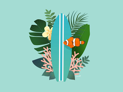 tiki dribbble chris cerrato illustration 1 copy adobe illustrator cc art clown fish coral design fish flowers illustration illustrator island surf surf board surfing tiki tropical tropical plants water