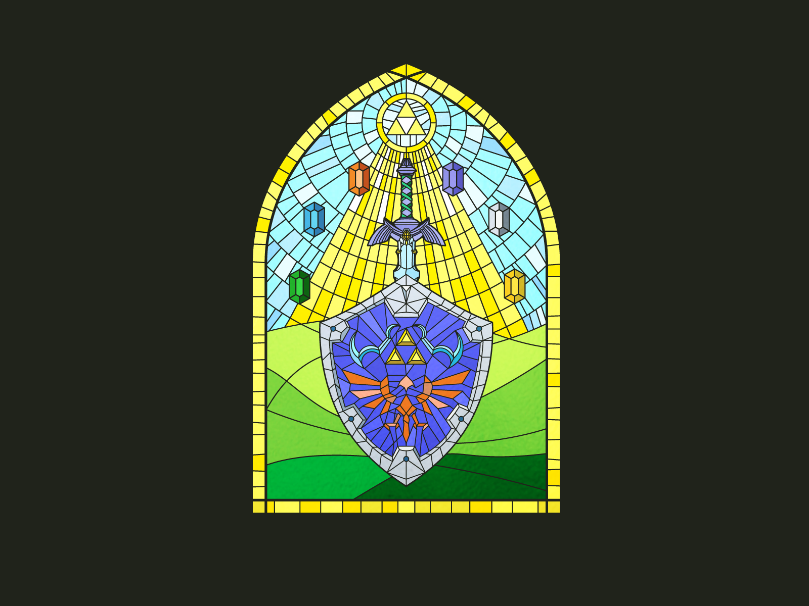 Tools of the Trade stained glass nintendo master sword hylian shield link zelda tri-force triangle pop culture symmetry game character gaming illustration