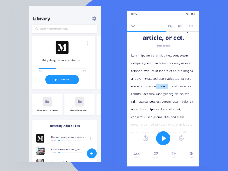 Speechify library and read layout by Heather Varela on Dribbble