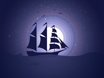 Sailing ship at night dark illustration moon ocean romantic sail ship violet