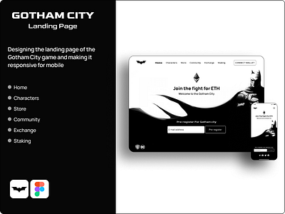 GOTHAM CITY (Landing Page) batman branding design gotham city graphic design landing page play to ern typography ui uiux