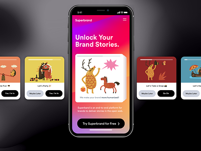 Superbrand The StoryMaker for iPhone cards ui cta dynamic effect hci illustraion ios ios app design iphone product productdesign shopper shopping app statusbar tinder tinderforshopping ui uiux ux video app