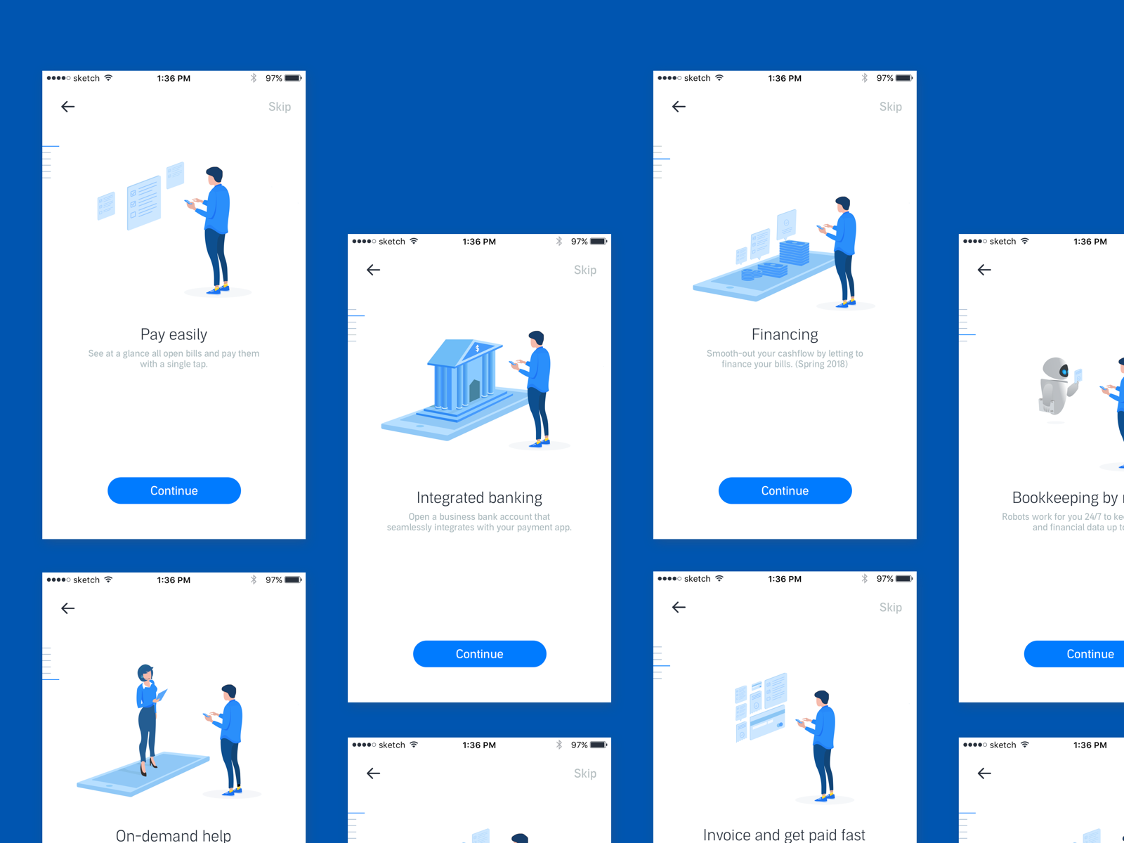 Payment App Onboarding Illustration blue sketch sanal receipts easy pay financing payment app illustrations onboading debit credit payment invoice on demand assistance cashflow integrated banking book keeping banking