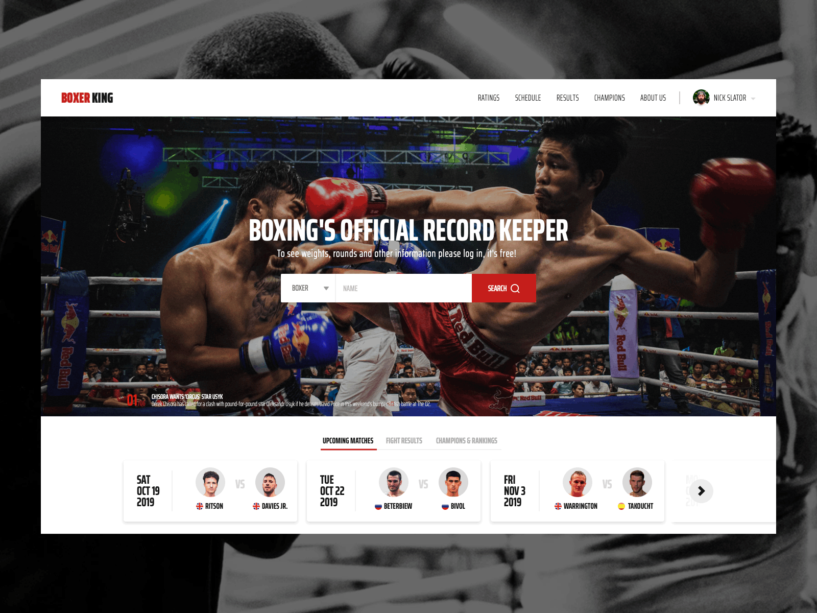 Boxing Website-Landing Page animated banner boing news boxerking boxing boxing results boxing website brand fight image banners interaction interaction design interactive web martial arts website matches mobile respoinsive results rwd sanal web banner website design