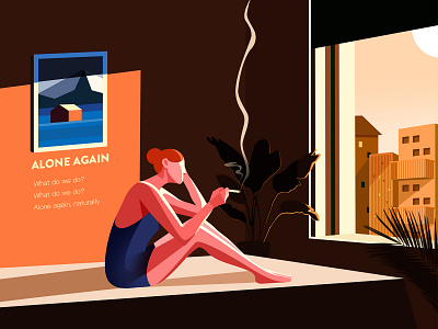 Lonely woman,smoke,sunset,Alone flat illustration illustration