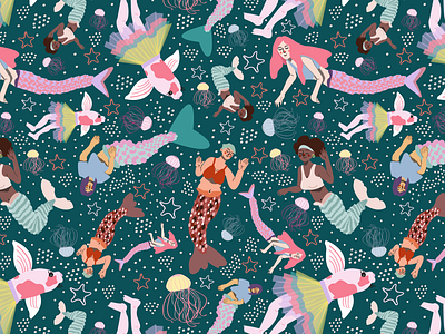 Fun Mermaids Pattern Design cute mermaids design fashion design fun design fun pattern design graphic design illustration jellyfish mermaid mermaid pattern design mermaids pattern pattern design sea sea illustration sea pattern stars under the sea vector art