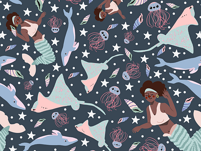 A cute mermaid pattern design animal illustration batoids black mermaid black skin mermaid design fashion design graphic design illustration jellyfish mermaid mermaid design mermaid pattern design pattern pattern design shell star whale