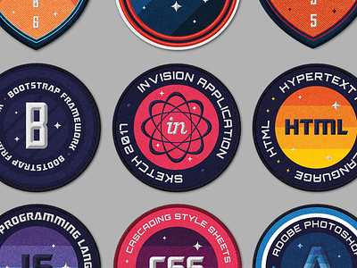 Developer Skill Badges and "Mission" Patches badges development digital graphic patch photoshop simple space ui ux web webdesign