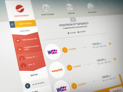 Travel web // search results agency airplane color colour flat fly menu reservation results search sidebar ticket tickets travel ui