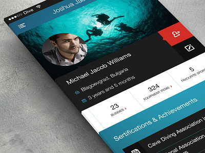 Dive app - profile screen app application blue colors dive flat gray inspiration ios7 mobile red