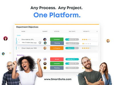 Hello World. Welcome to SmartSuite. drag and drop grid grouped by inline edit project management smartsuite ui