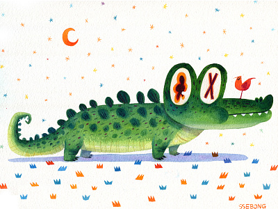 Alligator with a bird. alligator illustration ssebong watercolor