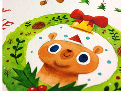 Christmas card. bear character christmas ssebong watercolor
