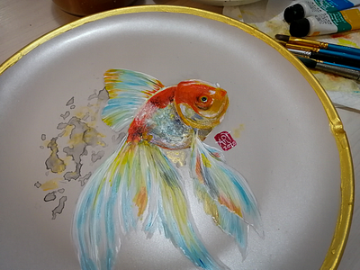 Goldfish acrylic gold goldfish painting plate traditional