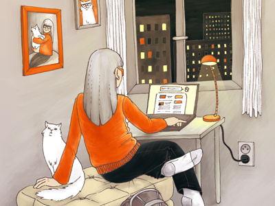 Girl with cat cat girl grey illustration lamp orange photoshop picture window