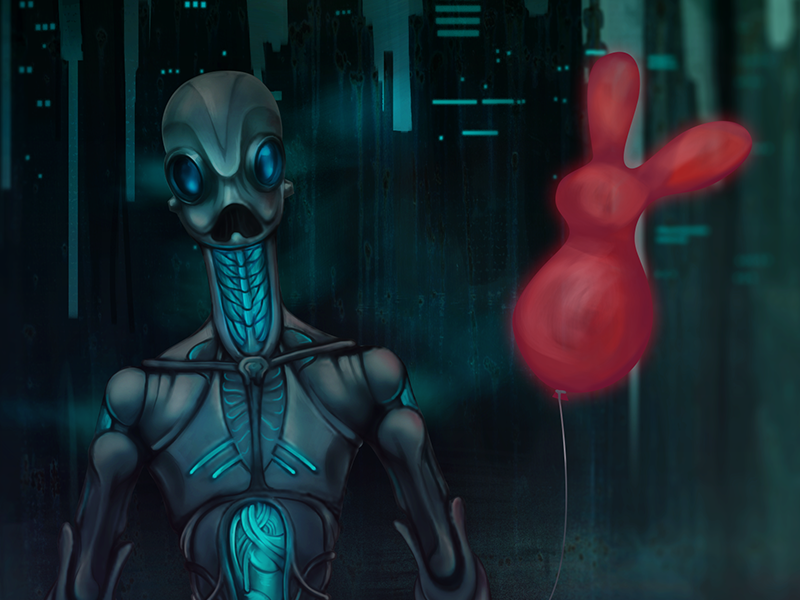 Robot with red rabbit baloon blue rabbit city dark sci-fi baloon robot