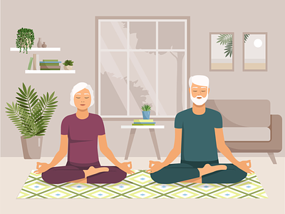 Elderly woman and man practice yoga at home.