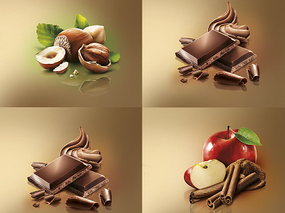 Nuts and chocolate shot for packaging apple chocolate cinnamon composition cream leaf light nuts photography retouching shadow shotoshop