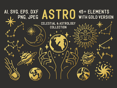 Astro - Zodiac, Celestial & Astrology Collection astrology celestial celestial bodies clipart constellations gold horoscope illustration monochromatic moon spiritual stars sun zodiac