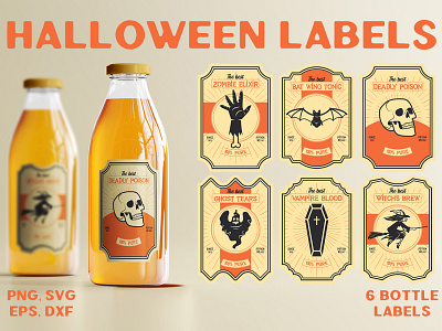 Retro Halloween Bottle Apothecary Labels apothecary bat bottle brew clipart design elixir ghost graphic design halloween illustration potion retro retro modern skull tonic vampire blood vintage witch zombie