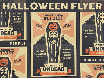 Retro Halloween Party Flyer club design dj flyer graphic design halloween illustration night of the dead party pumpkin retro skeleton spooky
