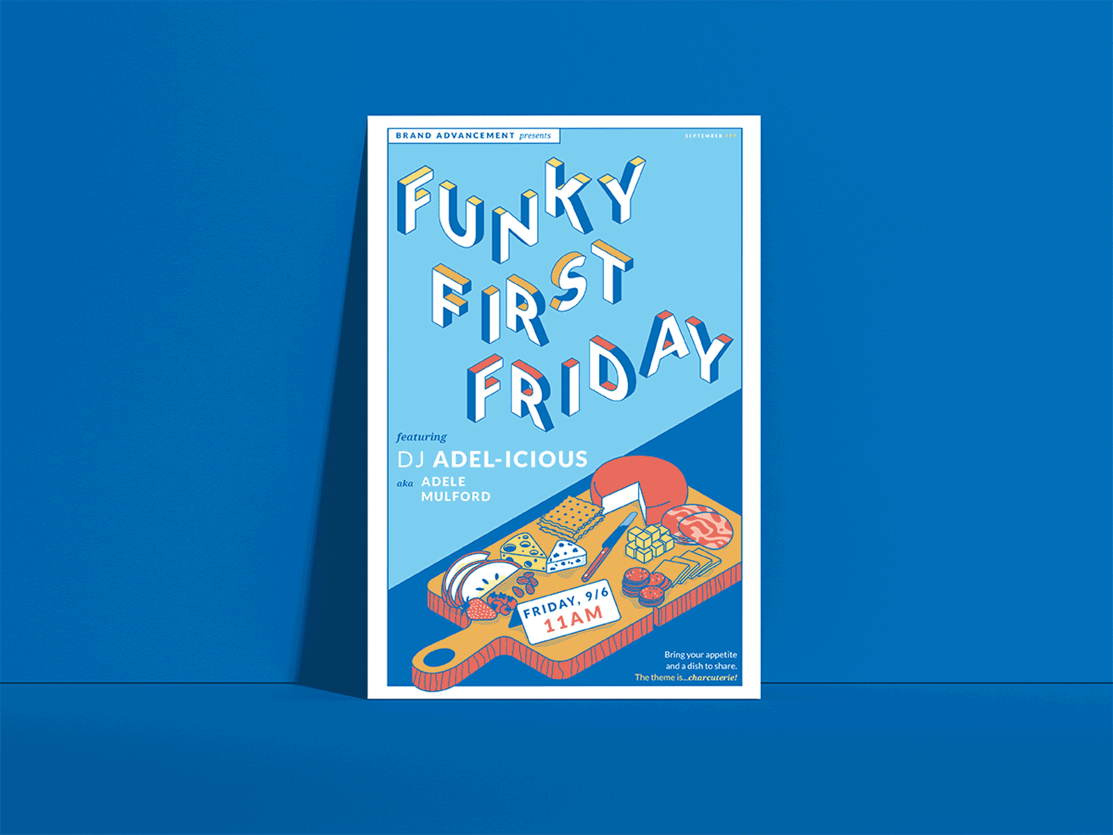 Funky First Friday Poster Series charcuterie disco ball donut illustration isometric library pizza pool poster art prom vector