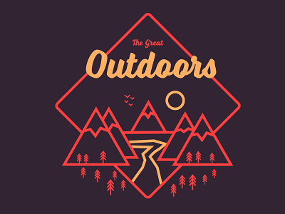 The Great Outdoors badge design camping flat design forest graphic design hiking lakes logo mountains national parks nature outdoors outside ponds river sticker design sunrise sunset trees vector design