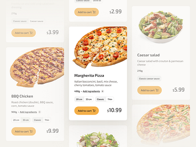 Pizza | Product cards cards chicken clean food meat pizza product salad tomato typography uidesign uiux