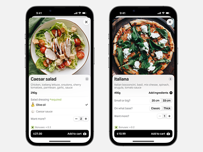 Delivery app | Product page app app design application cafe clean colors concept delivery dinner food ios iphone menu mobile modal pizza restaurant salad trattoria ui ux