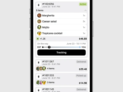 Delivery app | List orders account app checkout clean concept courier delivery food interface ios16 iphone italian order pick up pizza salad this is the way tracking ui design ui ux