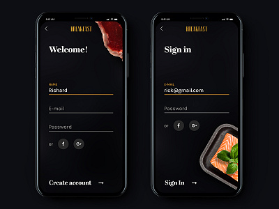 Forms | App app dish eat fish food ios iphone x meat sign in ui