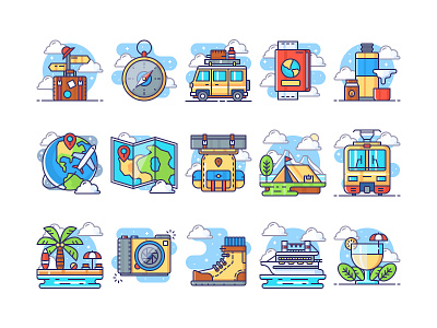 Holiday Travel Icons Collection adventure colored destination holiday icon illustration lineal scenery thin transport travel vacation