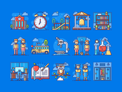 Back to School Collection academy classroom desk education icon illustration kid lab mobile outlined playground school student study teacher